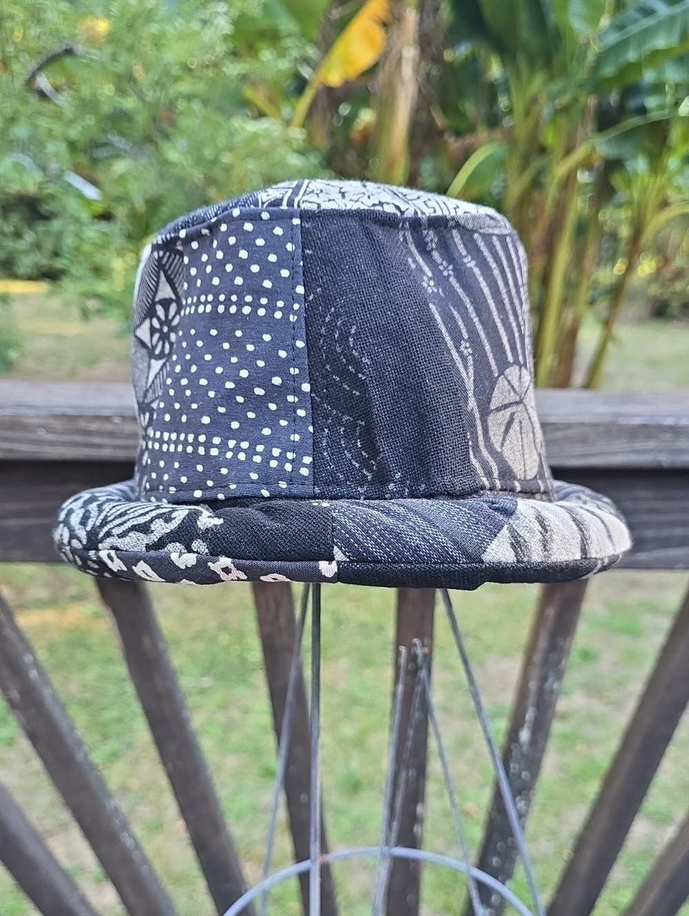 Patchwork Bucket Hat in Black and Cream Rolled Brim
